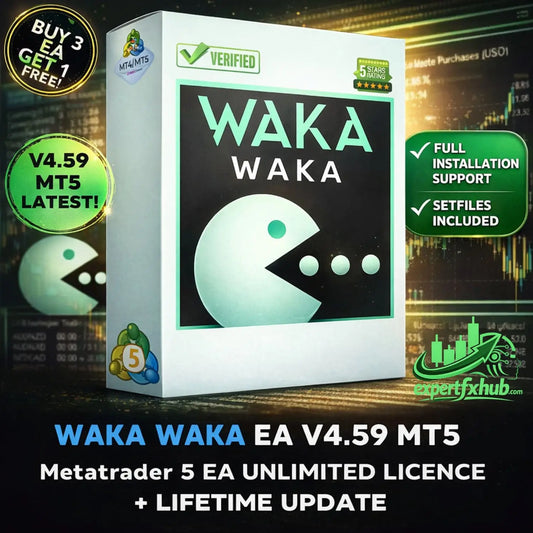 White rectangular box with teal pac-man graphic and bold waka waka text featuring green v4.59 mt5 badges for metatrader 5 ea software