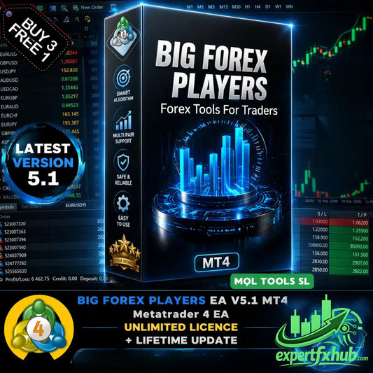 Black software box for v5.1 big forex players mt4 trading tools with glowing blue digital graphics and mt4 logo