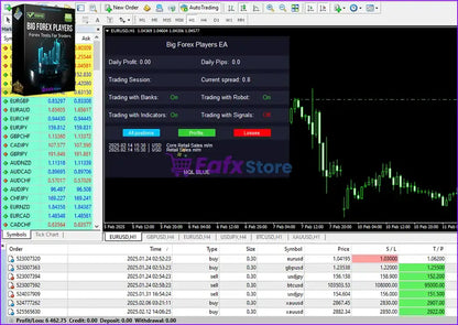 The v5.1 big forex players mt4 trading platform shows multiple currency pair charts and order logs on a computer screen