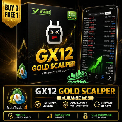 Black box packaging for v6.0 gx12 gold scalper mt4 trading software with white rabbit mascot and gold lettering