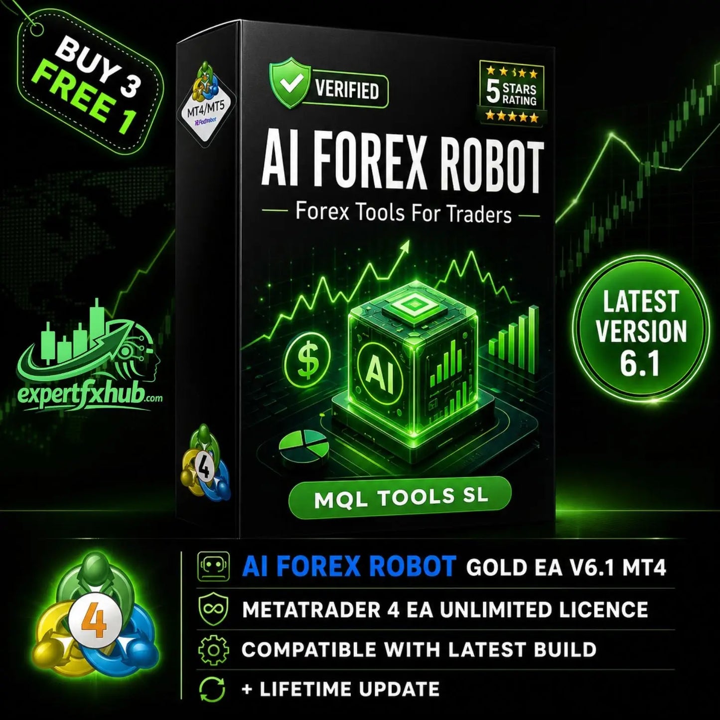 Black box packaging for v6.1 ai forex robot mt4 featuring a glowing green cube with ai emblem and financial chart graphics