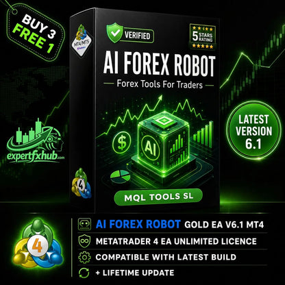 Black box packaging for v6.1 ai forex robot mt4 featuring a glowing green cube with ai emblem and financial chart graphics
