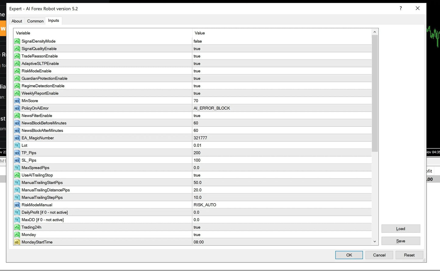 The v6.1 ai forex robot mt4 interface showing version 5.2 settings panel with trading parameters on white background