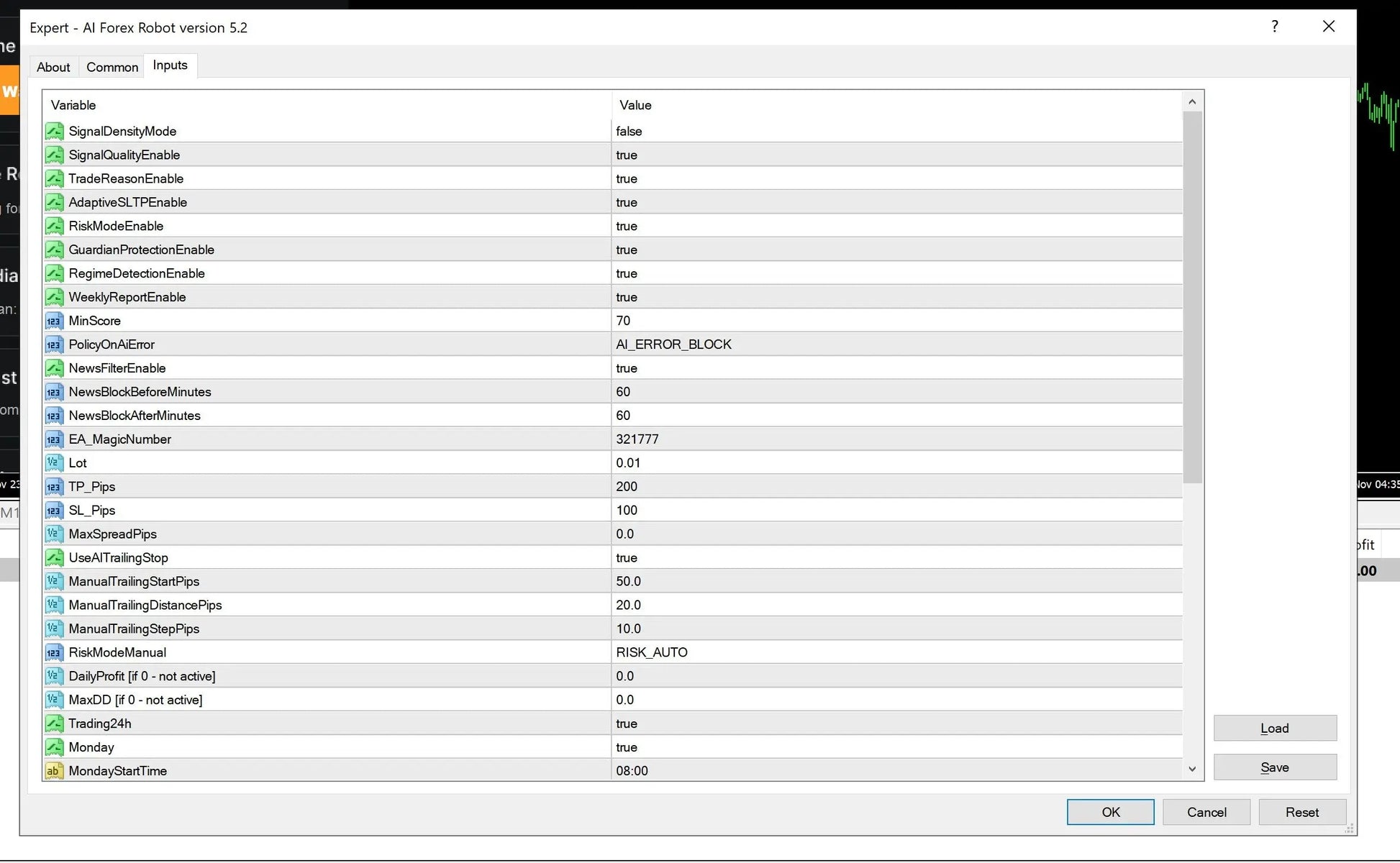 The v6.1 ai forex robot mt4 interface showing version 5.2 settings panel with trading parameters on white background