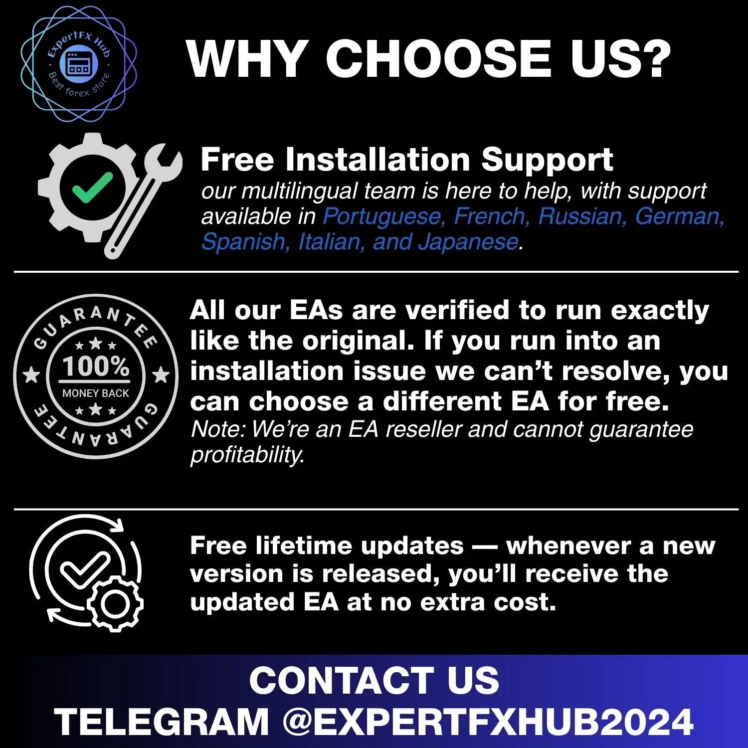 Black and white promotional graphic for expertfx hub v6.1 Oracle Gold Scalper MT4 with gear wrench, guarantee seal, and free lifetime updates icons