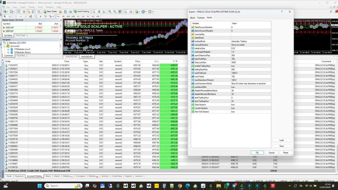 A computer screen showing v6.1 oracle gold scalper mt4 trading platform with stock charts and order settings windows