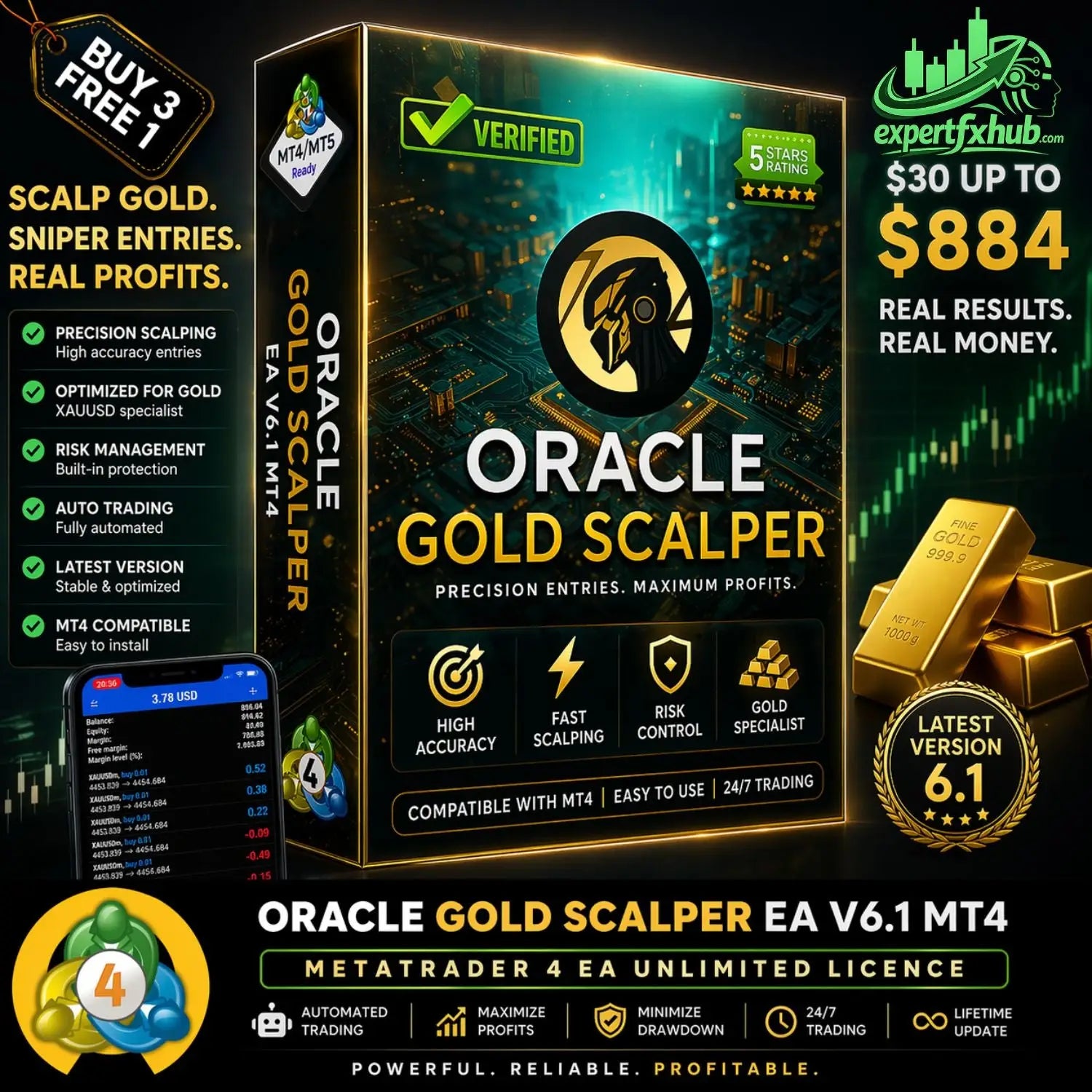 V6.1 oracle gold scalper mt4 software package in black and gold box with circuit board graphics and trading interface for metatrader 4