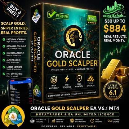 V6.1 oracle gold scalper mt4 software package in black and gold box with circuit board graphics and trading interface for metatrader 4