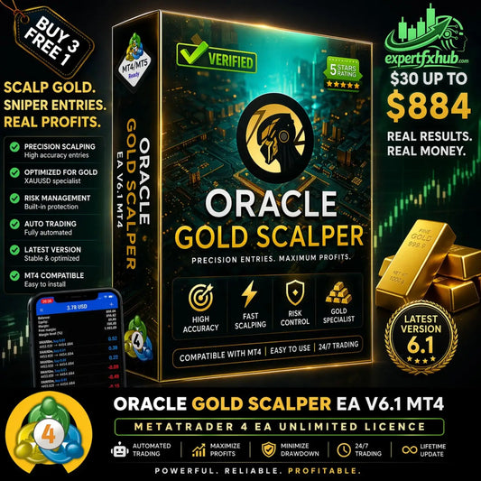 V6.1 oracle gold scalper mt4 software package in black and gold box with circuit board graphics and trading interface for metatrader 4