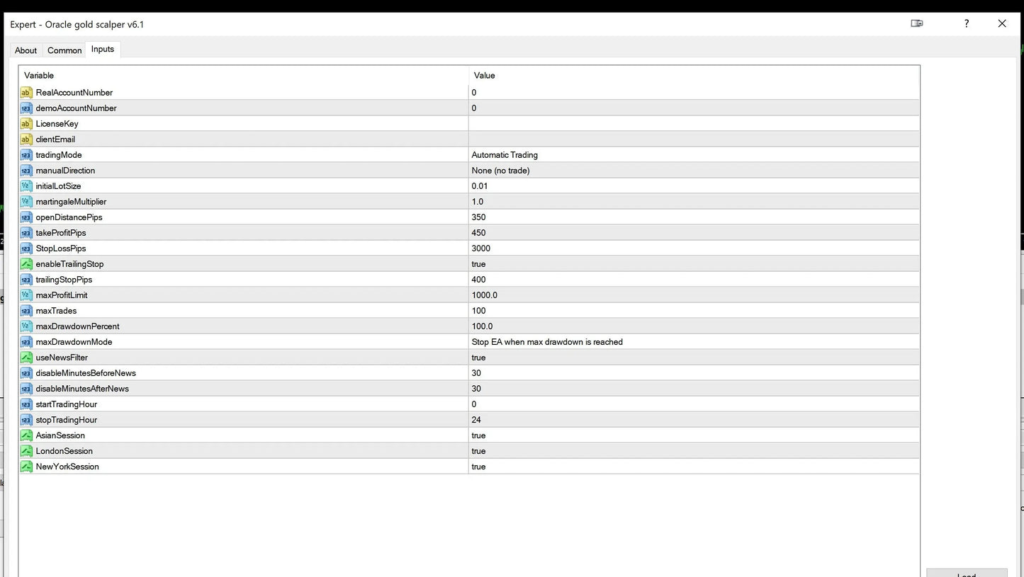 V6.1 oracle gold scalper mt4 interface showing automated trading system settings with account numbers and profit limits