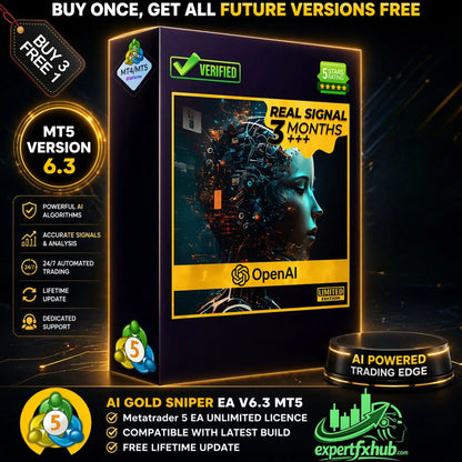 Black software box for openai ai gold sniper ea v6.3 mt5 trading platform with futuristic digital face and gold accents