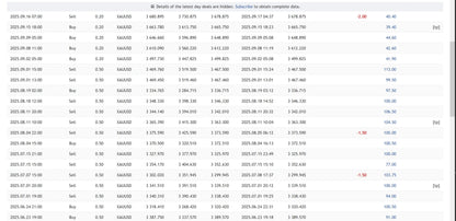 V6.3 ai gold sniper mt5 digital trading chart showing xau usd prices with buy sell actions and timestamps