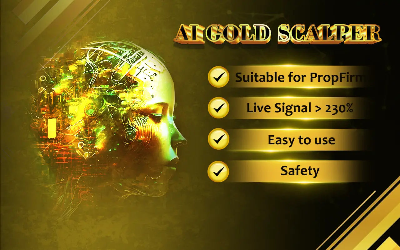 Golden ai gold scaler v6.3 AI Gold Sniper MT5 with glowing circuitry design and metallic finish for trading use