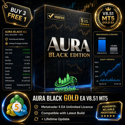 Black box packaging for v8.51 aura black gold mt5 ea with gold and silver lettering and financial chart design
