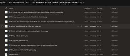 A file explorer showing installation instructions for the v8.51 aura black gold mt5 mts terminal with image files