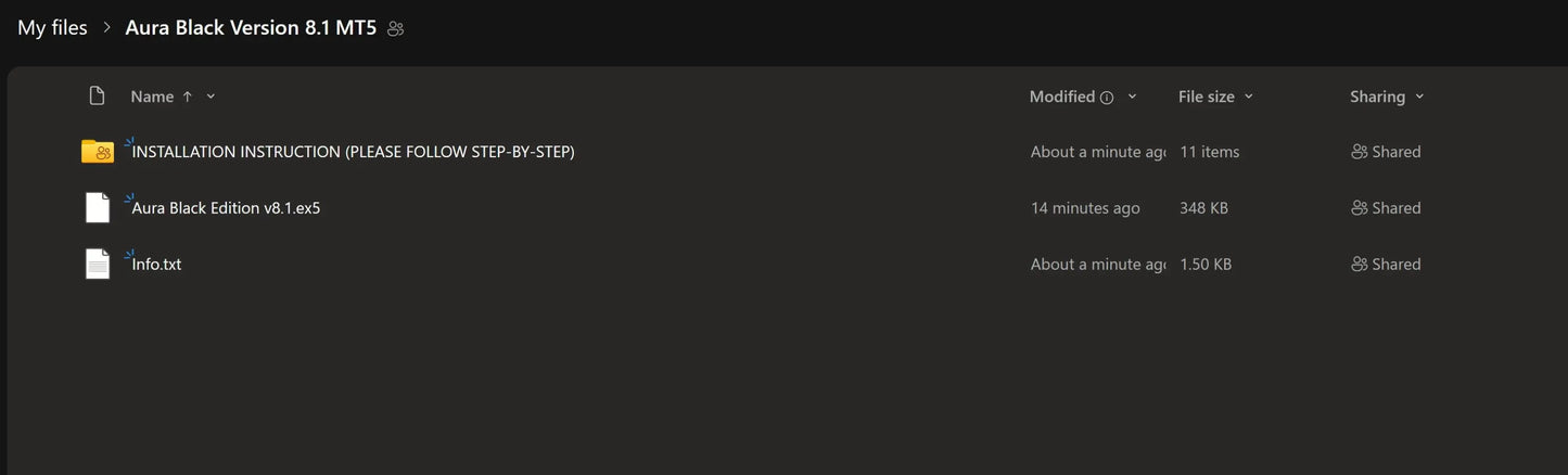 File explorer window showing installation instructions and aura black gold v8.51 mt5 software files