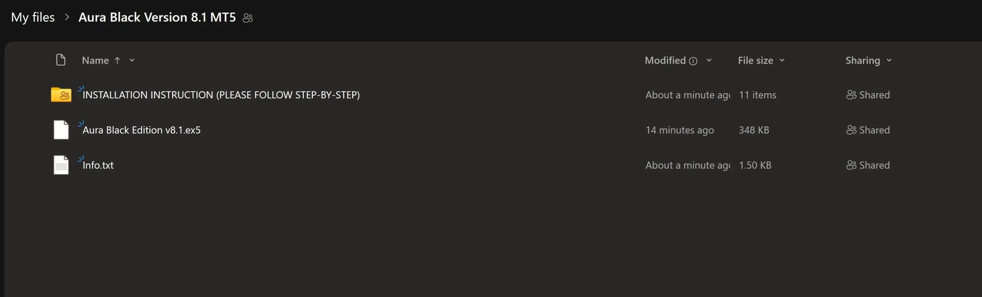 File explorer window showing installation instructions and aura black gold v8.51 mt5 software files