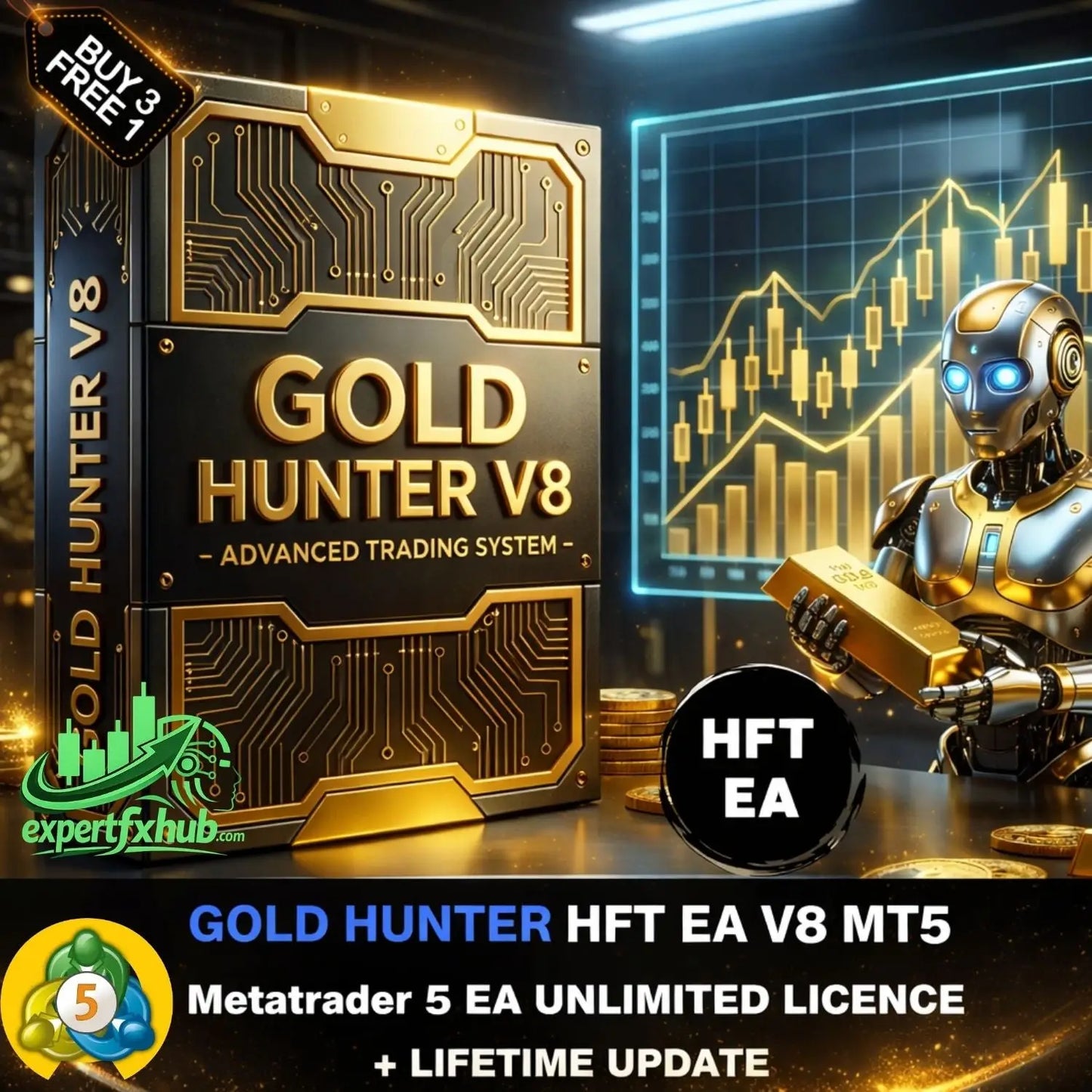 V8 gold hunter hft mt5 software box featuring a black and gold circuit board design for advanced trading system use