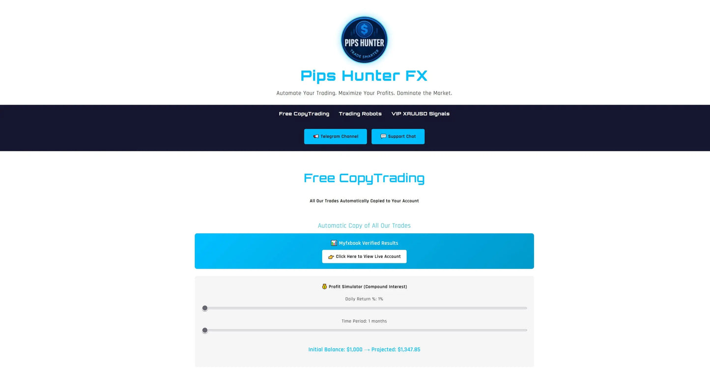 V8 PipshunterFX MT5 website interface with blue and white design featuring trading tools and copytrading options