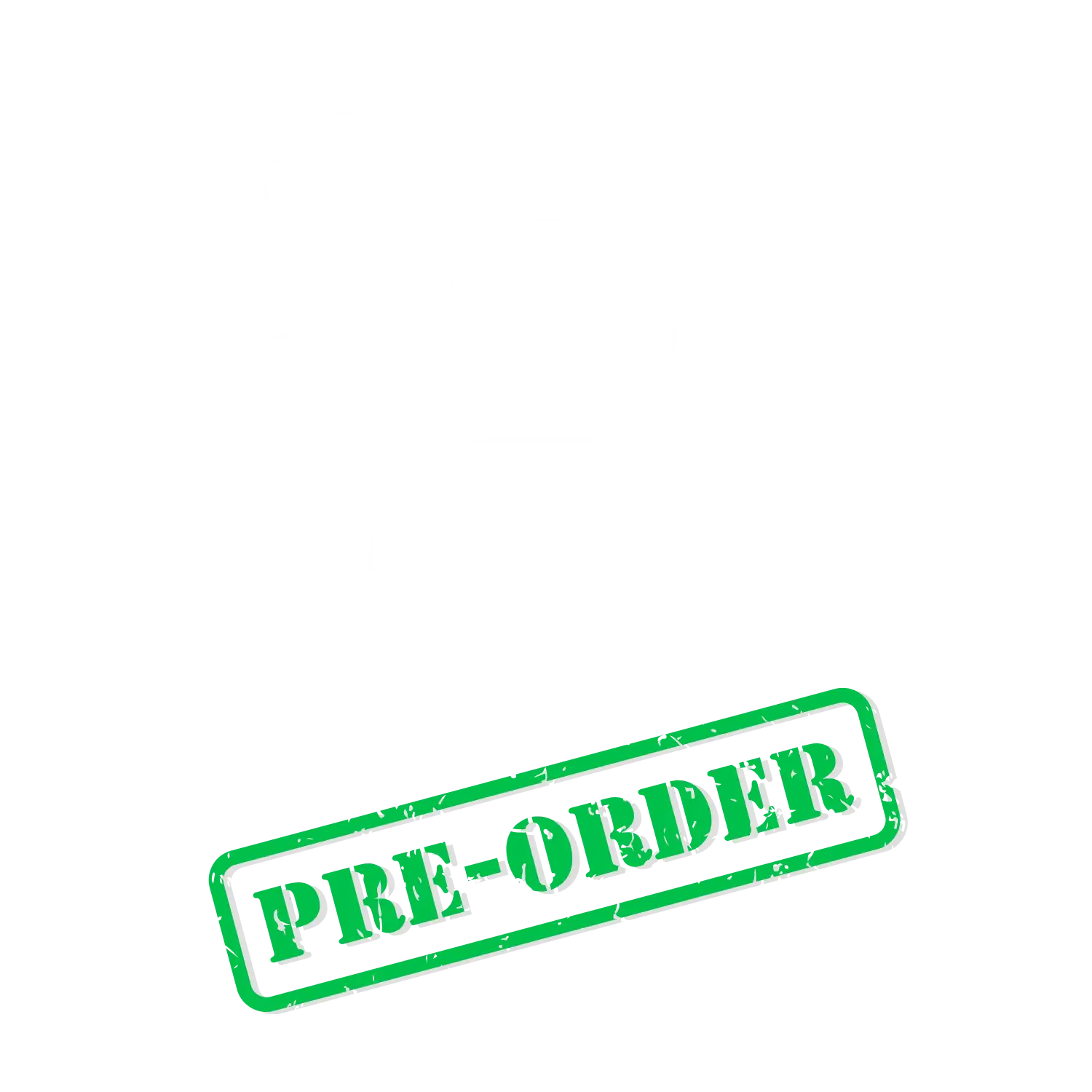 White silhouette of two stylized figures with rounded heads and simple bodies, overlaid by a green ’pre-order’ stamp.